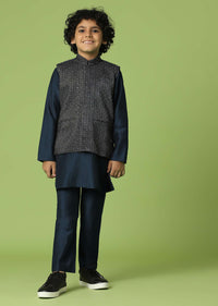 Kalki Navy Blue Jacket Kurta Set In Silk With Sequins