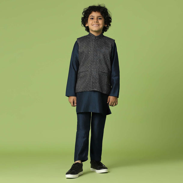 Kalki Navy Blue Jacket Kurta Set In Silk With Sequins