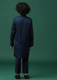 Kalki Navy Blue Kurta Jacket Set In Silk With Embroidery For Boys