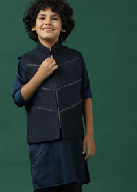 Kalki Navy Blue Kurta Jacket Set In Silk With Embroidery For Boys