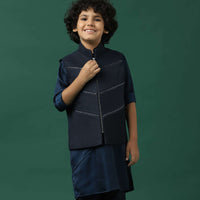 Kalki Navy Blue Kurta Jacket Set In Silk With Embroidery For Boys