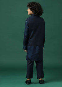 Kalki Navy Blue Kurta Jacket Set In Silk With Embroidery For Boys
