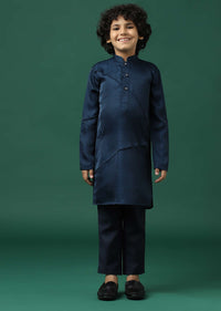 Kalki Navy Blue Kurta Jacket Set In Silk With Embroidery For Boys