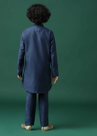 Kalki Navy Blue Sherwani Set In Silk With Threadwork And Sequins Embroidery For Boys