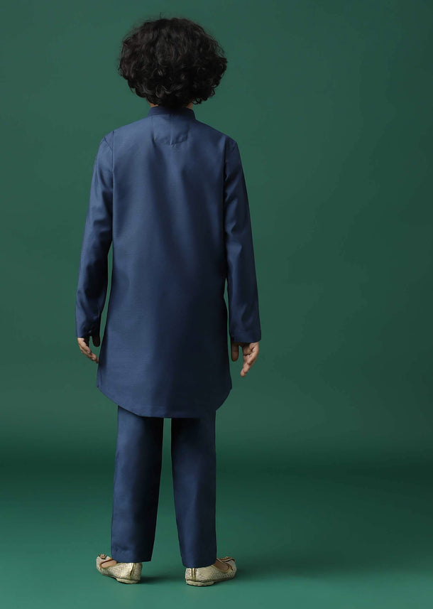 Kalki Navy Blue Sherwani Set In Silk With Threadwork And Sequins Embroidery For Boys