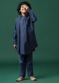 Kalki Navy Blue Sherwani Set In Silk With Threadwork And Sequins Embroidery For Boys