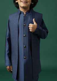 Kalki Navy Blue Sherwani Set In Silk With Threadwork And Sequins Embroidery For Boys