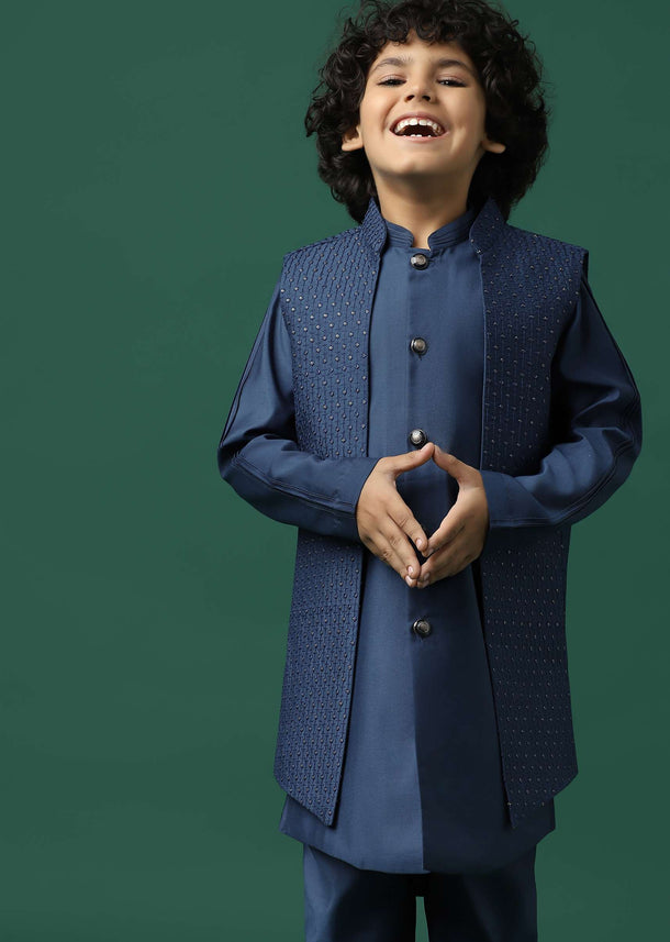 Kalki Navy Blue Sherwani Set In Silk With Threadwork And Sequins Embroidery For Boys
