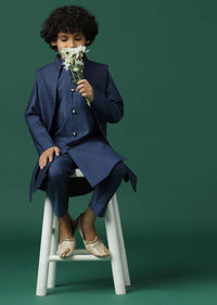 Kalki Navy Blue Sherwani Set In Silk With Threadwork And Sequins Embroidery For Boys