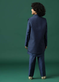 Kalki Navy Blue Sherwani Set In Silk With Threadwork And Sequins Embroidery For Boys