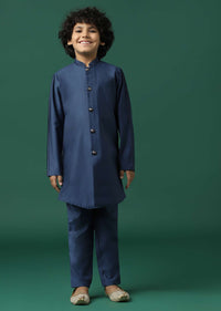 Kalki Navy Blue Sherwani Set In Silk With Threadwork And Sequins Embroidery For Boys