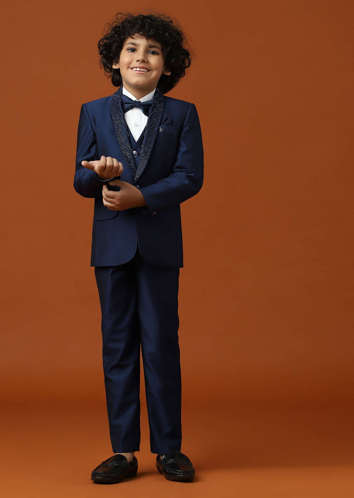 Kalki Navy Blue Tuxedo Set InTerry Rayon With Embroidery For Boys