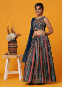 Kalki Navy Embroidered Blue Lehenga And Blouse Set In Poly Chinon For Girls