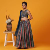 Kalki Navy Embroidered Blue Lehenga And Blouse Set In Poly Chinon For Girls