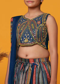 Kalki Navy Embroidered Blue Lehenga And Blouse Set In Poly Chinon For Girls