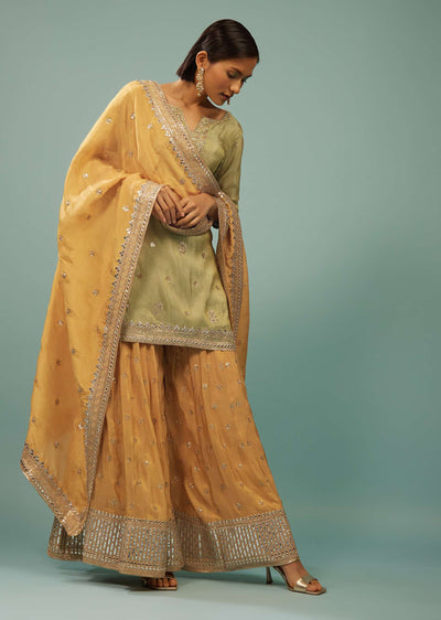 Powder Green Palazzo Suit With Yellow Palazzo & Dupatta In Embroidery
