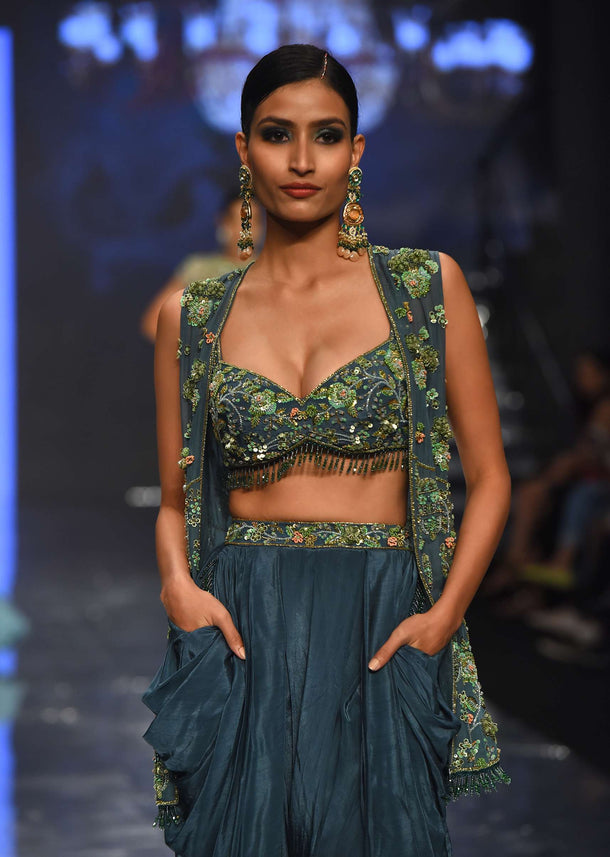 Deep Green Dhoti Bustier Set With Shrug In 3D Floral Embroidery - NOOR 2022