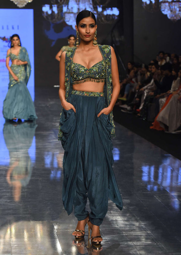 Deep Green Dhoti Bustier Set With Shrug In 3D Floral Embroidery - NOOR 2022