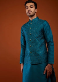 Sea Blue Bandi Jacket Set With Embroidery