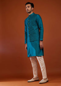 Sea Blue Bandi Jacket Set With Embroidery