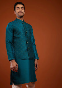 Sea Blue Bandi Jacket Set With Embroidery