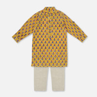 Kalki Ocher Yellow Printed Kurta Pant Set In Cotton For Boys