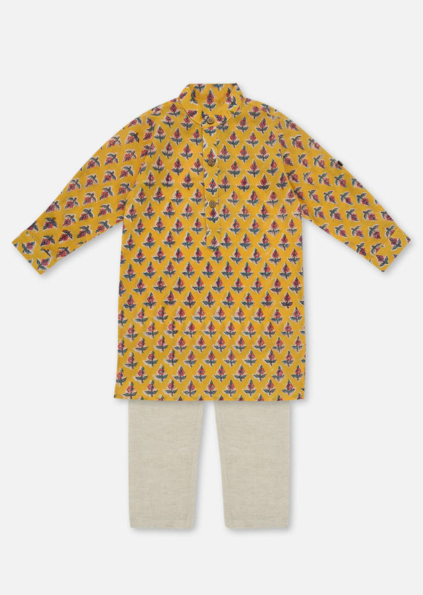 Kalki Ocher Yellow Printed Kurta Pant Set In Cotton For Boys