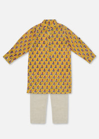 Kalki Ocher Yellow Printed Kurta Pant Set In Cotton For Boys