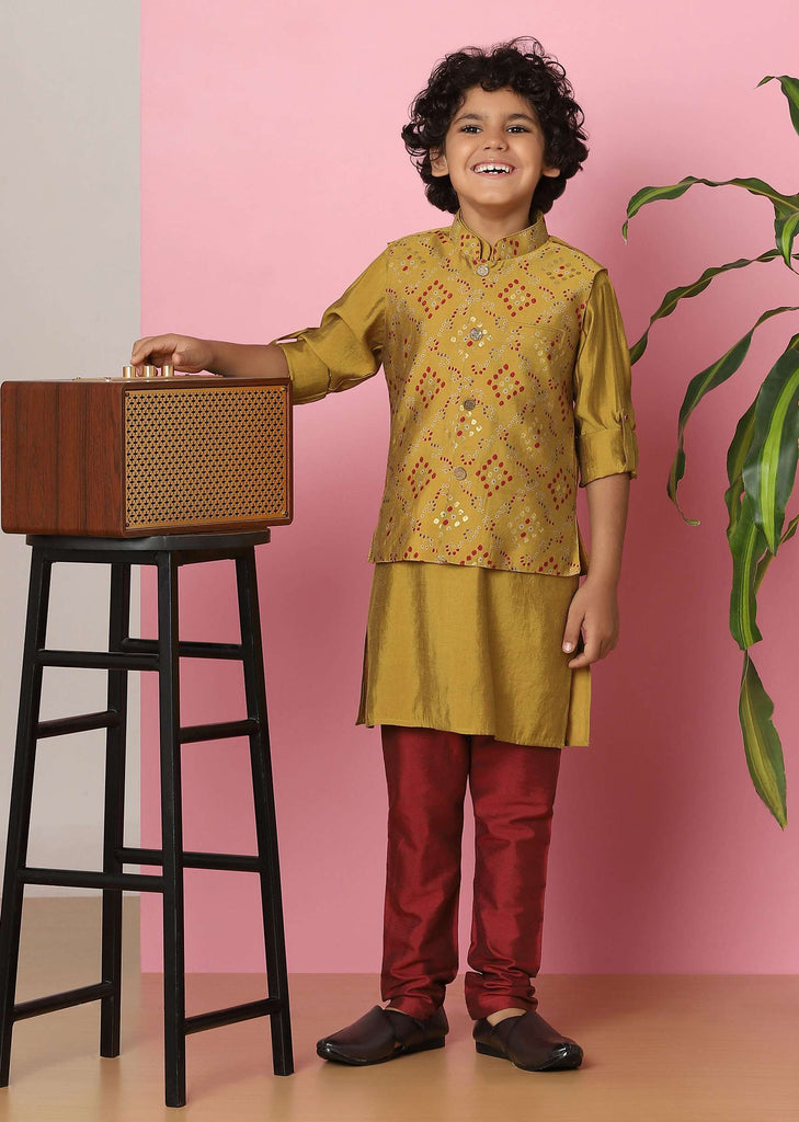 Kalki Ocher Yellow Bandi Jacket And Kurta Set With Bandhani Foil Print