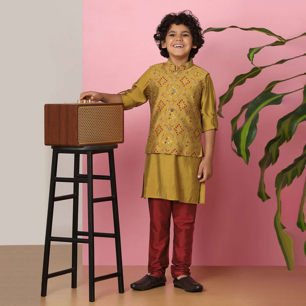 Kalki Ocher Yellow Bandi Jacket And Kurta Set With Bandhani Foil Print