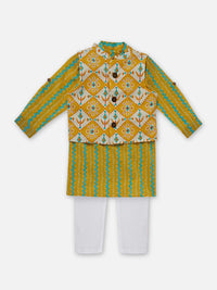 Kalki Ochre Yellow Printed Kurta Jacket Set In Cotton For Boys