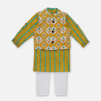 Kalki Ochre Yellow Printed Kurta Jacket Set In Cotton For Boys