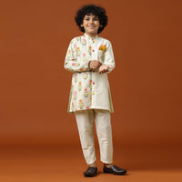 Kalki Off-White Printed Kurta Pant Set In Cotton Silk