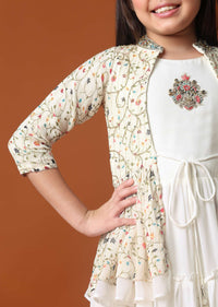 KALKI Off White Embroidered Gown And Jacket In Georgette For Girls