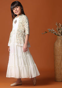 KALKI Off White Embroidered Gown And Jacket In Georgette For Girls