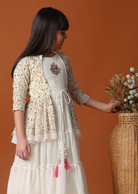 KALKI Off White Embroidered Gown And Jacket In Georgette For Girls