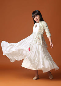 KALKI Off White Embroidered Gown And Jacket In Georgette For Girls