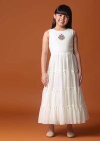 KALKI Off White Embroidered Gown And Jacket In Georgette For Girls