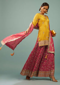 Bright Yellow Palazzo Suit With Embroidered Pink Palazzo & Dupatta