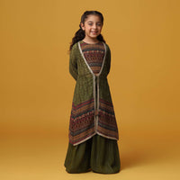 Kalki Olive Green Embroidered Top And Palazzo Set In Georgette For Girls