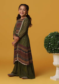 Kalki Olive Green Embroidered Top And Palazzo Set In Georgette For Girls