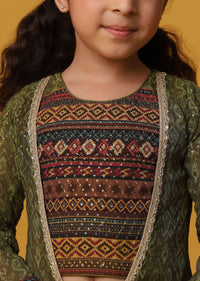 Kalki Olive Green Embroidered Top And Palazzo Set In Georgette For Girls