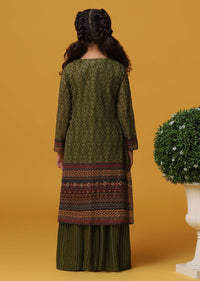 Kalki Olive Green Embroidered Top And Palazzo Set In Georgette For Girls