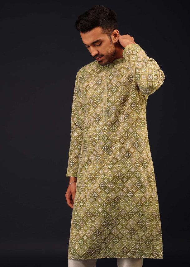 Olive Green Thread-Embroidered Kurta Set