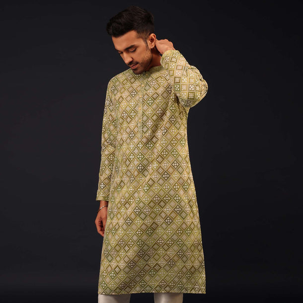 Olive Green Thread-Embroidered Kurta Set