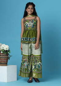 Kalki Olive Green Printed Kurti And Palazzo Set In Silk For Girls