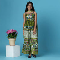 Kalki Olive Green Printed Kurti And Palazzo Set In Silk For Girls