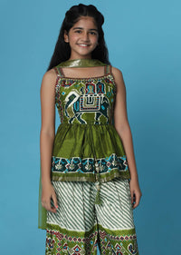 Kalki Olive Green Printed Kurti And Palazzo Set In Silk For Girls