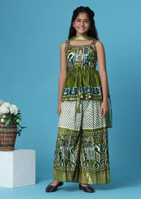 Kalki Olive Green Printed Kurti And Palazzo Set In Silk For Girls