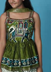 Kalki Olive Green Printed Kurti And Palazzo Set In Silk For Girls